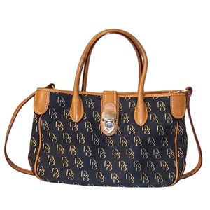 Dooney & Bourke Medium Navy and Gold Monogram Canvas Crossbody Satchel